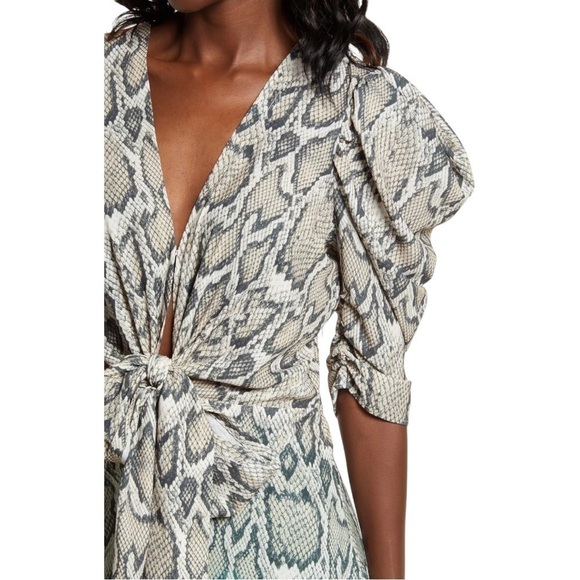 Afrm Ellis Snake Print Dip Dye Front Tie Ombre 3/4” Sleeve Midi Dress NEW Small - Picture 9 of 11